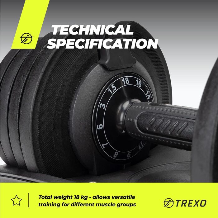 Регульована гантеля TREXO 18-40 кг з заліза для силових тренувань, зручна рукоятка, налаштування ваги обертанням
