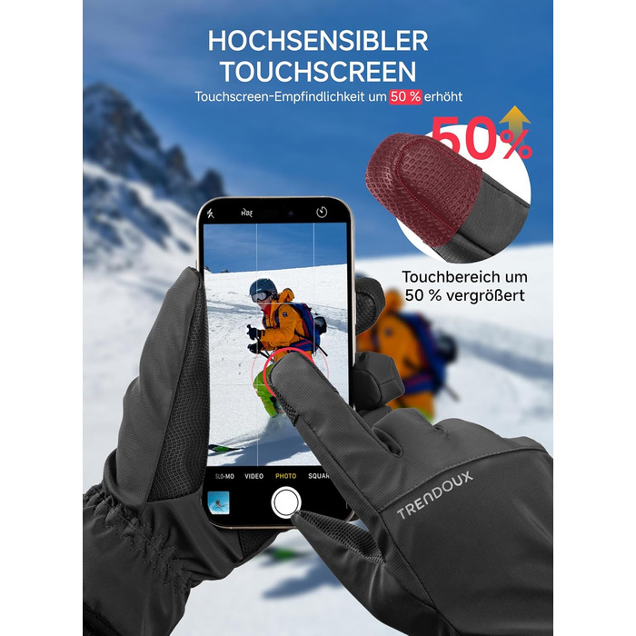 Терморукавички Trendoux для чоловіків та жінок: теплі, водонепроникні, вітронепроникні рукавички для велосипеда, катання на лижах, бігу з підтримкою сенсорного екрану та м'яким флісовим підкладкою, чорні