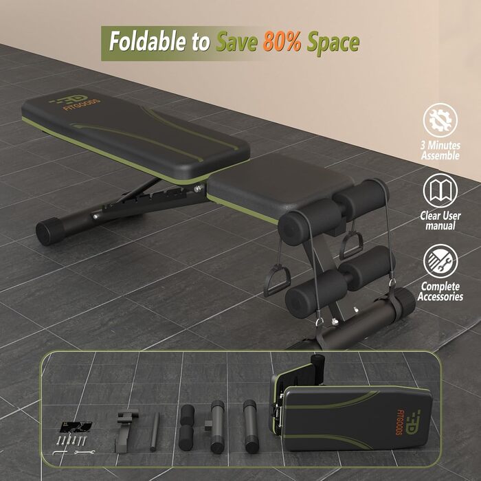 Регульована лава для тренажерного залу вдома, складана лава для занять спортом на 317,5 кг з 9 положеннями спинки, універсальна лава для жиму з можливістю нахилу та регулювання, з 2 еластичними стрічками