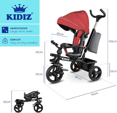 Дитяче триколісне велосипед KIDIZ 6in1 з батьківською ручкою, кошиком та дахом. Для дітей від 9 місяців. Сірий (червоний)