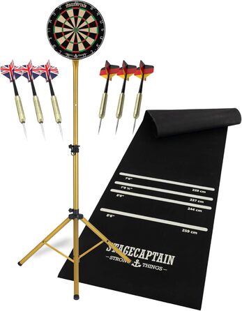 Stagecaptain DBS-1715 Bullseye Pro комплект для дартсу: професійна стілдардс дошка з сизалю, гумовий килимок, регульована стійка, 6 дротиків, 4 комплекти оперень, золото
