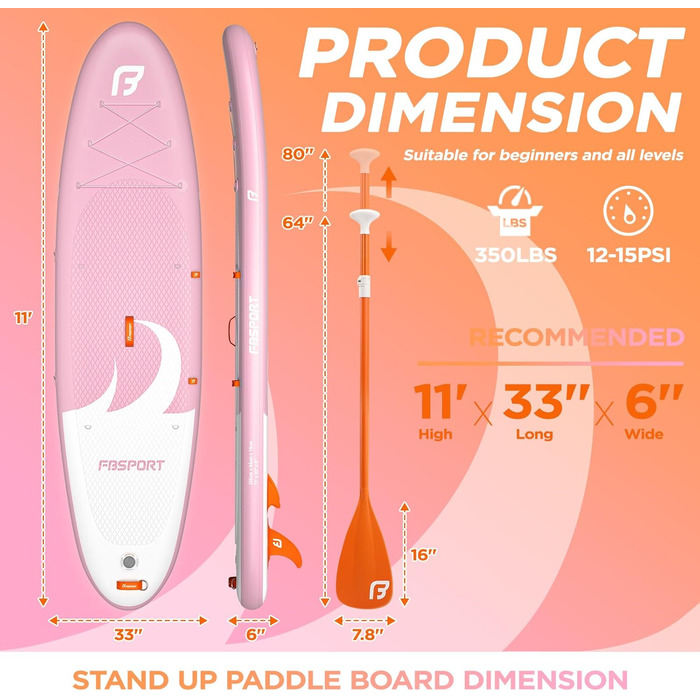 Надувний SUP дошка FBSPORT для сапсерфінгу, 335x84x15 см, рожева (з аксесуарами)
