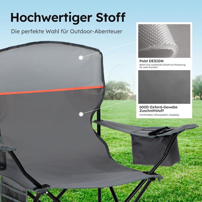 HIGH POINT SPORTS: 2 шт. складаний стілець для риболовлі та відпочинку на природі. Зручний, з кишенею для напоїв та охолоджувальною сумкою, до 120 кг, сірий