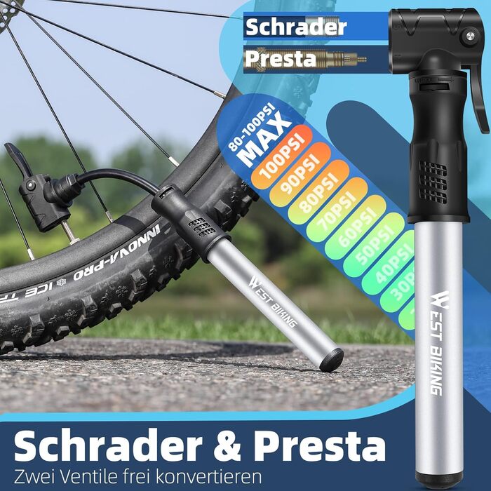 Міні-насос для велосипеда West Biking - Алюмінієвий насос для велосипеда, сумісний з усіма типами вентилів, портативний, швидке накачування шин, легкий, для MTB, шосе, м'ячів (срібний)