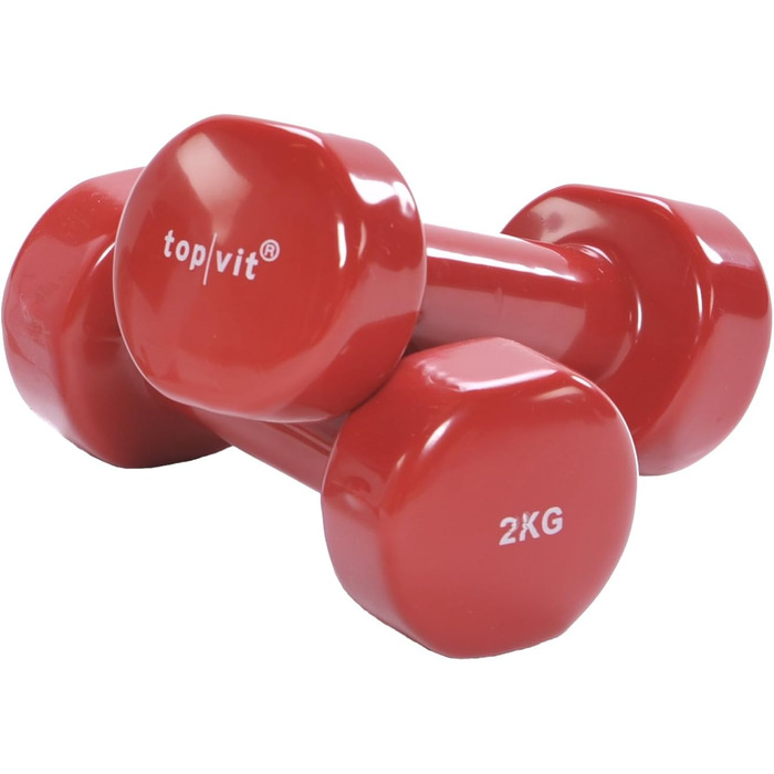 Гантелі top vit® 2 кг з вініловим покриттям, набір 2 шт, для чоловіків, жінок і літніх, чавунні, червоні, 7 вагових категорій