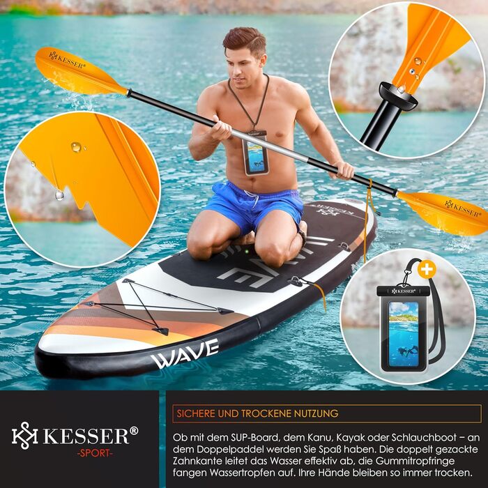 Весло KESSER® Paddle Doppelpaddel з 4 частин для каяка, SUP, стенд-ап паділбордингу, 228 см, алюміній. Підходить для надувного човна, весло для стенд-ап паділбордингу. В комплекті: страховий шнур, чохол для телефону, надувне весло Orange
