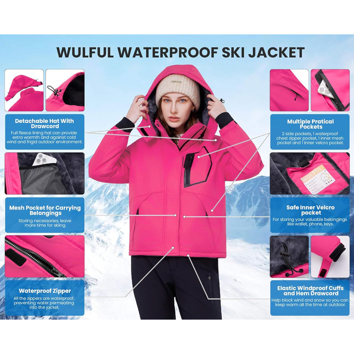 Жіноча водонепроникна куртка WULFUL для сноубордингу та лижного спорту, тепла зимова куртка з капюшоном (XL, Rosenrot)