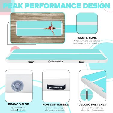 Гімнастичний надувний мат Track 5м з електричним насосом, для йоги, кемпінгу, фітнесу та спорту, двостороння м'ятно-зелена 300x100x10см