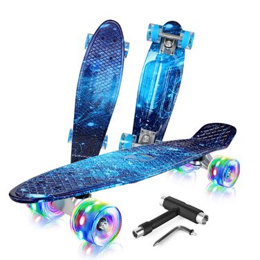 Скейтборд BELEEV 22 дюйми Mini Cruiser з LED колесами та T-Tool, для дітей, підлітків, дорослих, Galaxy Blue