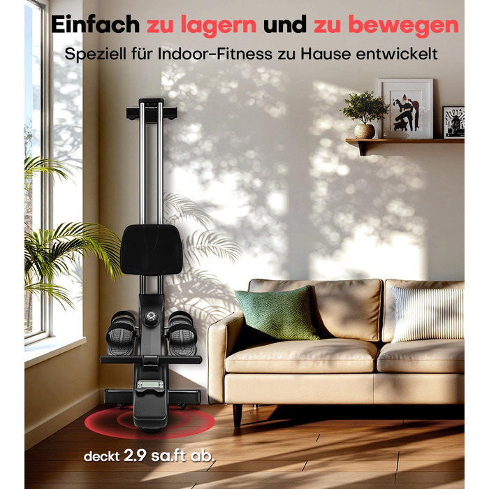 Гребний тренажер для дому з регулюванням опору 16/32 рівні, тихий магнітний, з LCD-дисплеєм, до 180 кг, чорний+червоний