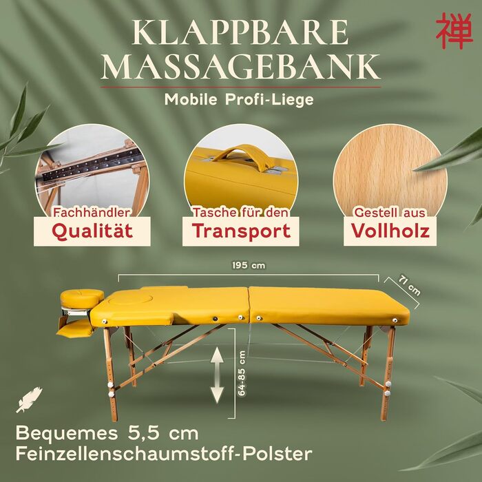 Масажний стіл Zen Basic III: складаний, мобільний, дерев'яний, з регулюванням висоти, для тату та косметології, з підголівником та підлокітниками (кремовий/жовтий)