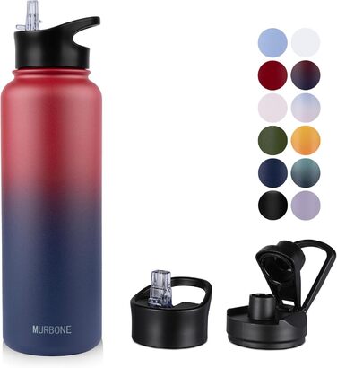 Термос пляшка MURBONE з нержавіючої сталі 1,2 л, 2 кришки, з трубочкою, BPA Free, герметична, підходить для газованої води, вакуумна ізоляція, для спорту, подорожей, кемпінгу