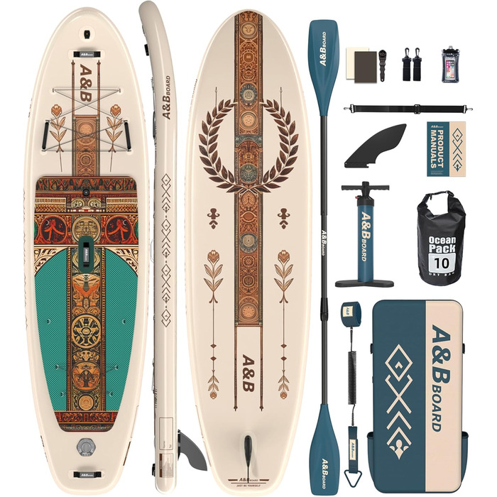 Надувний SUP-борд A&BBOARD з аксесуарами, 335x88 см, для підлітків та дорослих (Бежевий + Класичний)