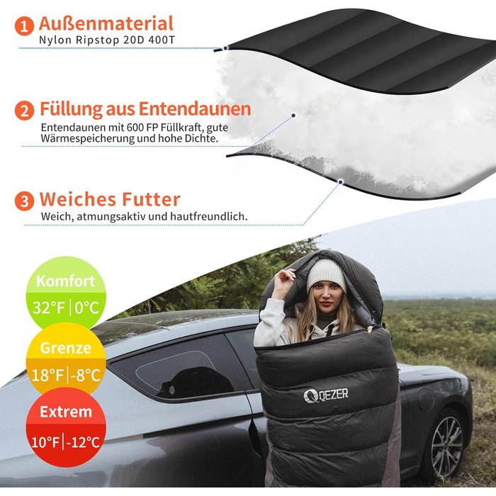 Сплячий мішок пуховий зимовий, 600FP+ Преміум пух, 12°C до -24°C, легкий та теплий для 3-4 сезонів, кемпінг, піші прогулянки та трекінг, оранжевий 12°C (чорний 0°C)