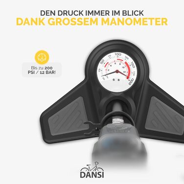 Насос для велосипеда DANSI Stand-Fahrradpumpe з адаптерами AV, SV, DV та великим манометром. Підходить для мотоцикла, електровелосипеда, авто та спортивного інвентарю (з клапаном для спуску тиску).