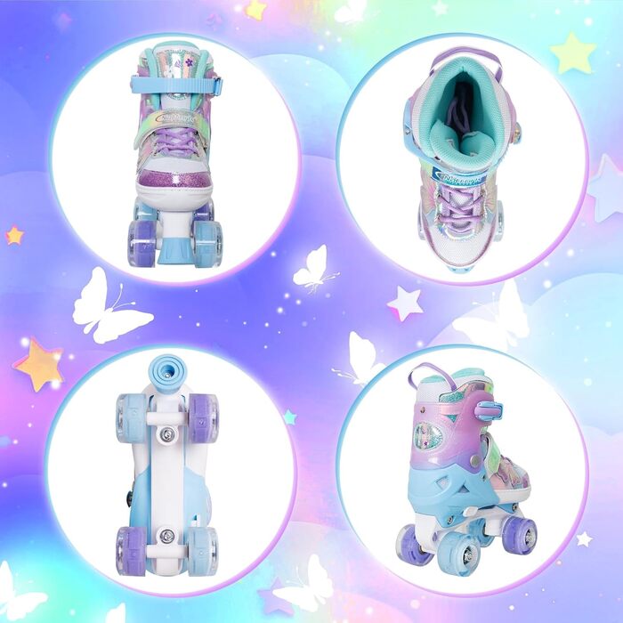 Дитячі ролики Nattork для дівчаток та хлопчиків, регульовані, 4 розміри, ролики на 4 колесах з малюнком метеликів та квітів, подарунок на день народження для занять спортом в приміщенні та на вулиці, розмір S (EU 27-31), фіолетовий
