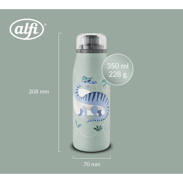 Дитяча термобутилка alfi KIDS ISO 350 мл, зелена з динозаврами, з нержавіючої сталі, ізольована, герметична, з гвинтовою кришкою, зберігає тепло 12 годин, холод 24 години, підходить для газованих напоїв, BPA-free