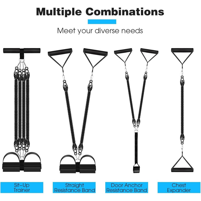 Набір еластичних стрічок FUNFLEX 45 кг для фітнесу: тренажер для пресу з ручками, фіксатором для ніг та дверним кріпленням. Система стрічок опору для дому, залу, м'язового та силового тренування. Чорний, 9 шт.