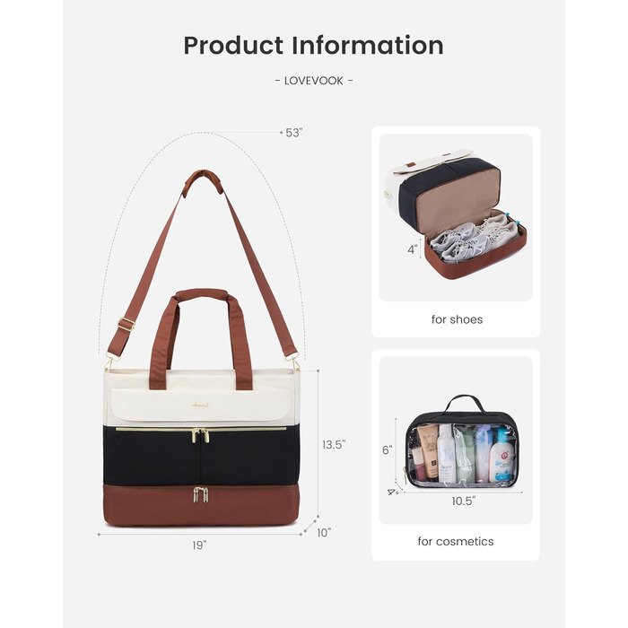 Сумка-мішок LOVEVOOK Weekender 45L для подорожей, спорт, клініки, пологового будинку. З відділенням для взуття та мокрих речей. Чорний+бежевий+коричневий.
