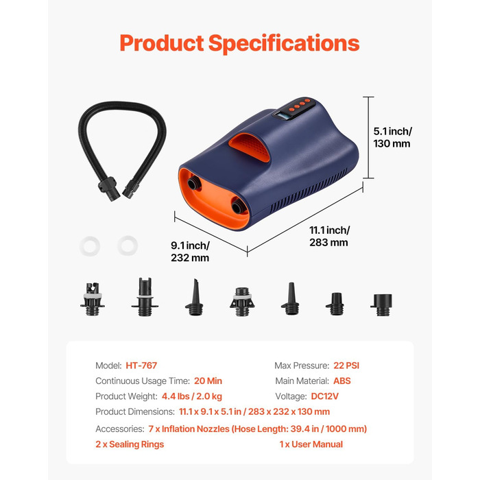 Електрична SUP-насос VEVOR з USB-виходом, 22 PSI, з LED-підсвічуванням та автоматичним вимкненням. Ідеально для надувних SUP-дошок, наметів та інших надувних виробів.