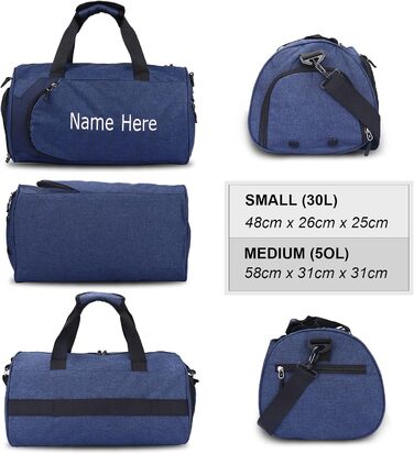 Персоналізована спортивна сумка для подорожей з вишивкою, індивідуальний напис, відділення для взуття та вологих речей (Синя)