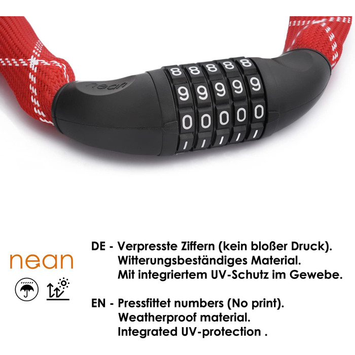 Надійне велозамок Nean з кодом, 6 мм, 900 мм, червоний