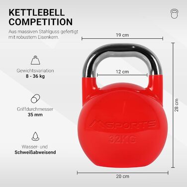 Професійна змагальна гиря Kettlebell 32 кг червона, преміум якість, для фітнесу та тренажерного залу, з навчальним постером, 4-36 кг