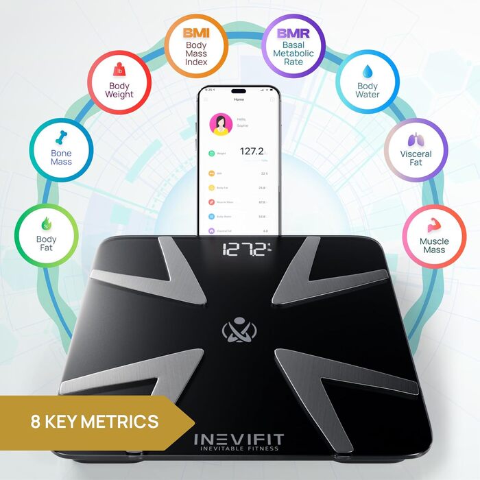 Розумна вага INEVIFIT для аналізу складу тіла, цифрова Bluetooth-вага для ванної кімнати, чорна, велика платформа 28x28 см, висока точність