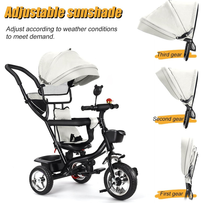 Триколісний велосипед 4-в-1 для дітей від 1 року з батьківською ручкою – дитячий триколіс для 1-4 роки до 25 кг, регульована батьківська ручка, поворотне сидіння, складаний навіс та кошик – компактний та безпечний (світло-сірий)
