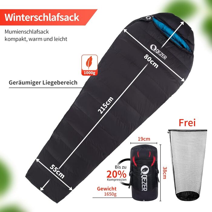 Спальний мішок зимовий теплий легкий 0°C -23°C для дорослих та дітей, 4 сезони, кемпінг, відпочинок на природі, чорний