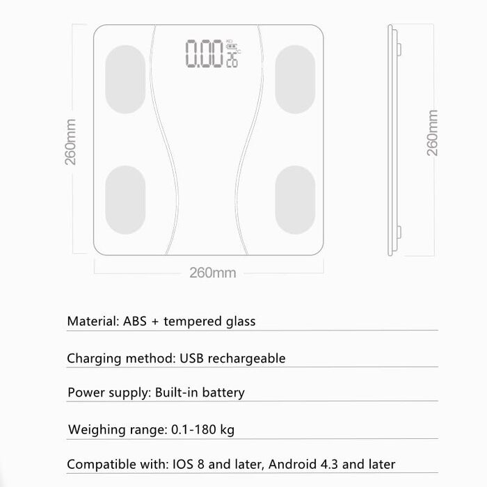 Цифрова вага для тіла з Wi-Fi та Bluetooth, вимірювання жиру, USB-зарядка, чорний колір