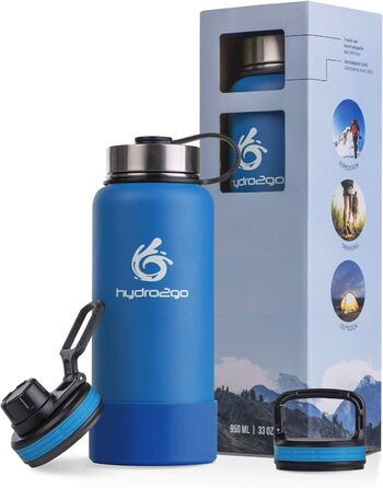 Герметична термос-пляшка з нержавіючої сталі hydro2go X-AlpsBottle 1 л, вакуумна ізоляція, 3 кришки, подвійні стінки, спортивна пляшка для напоїв, блакитна