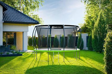 Трамплін Hop-Sport Outdoor – діаметр 244/305/366/427/488 см. Комплект з захисним сіткою, вигнутими ніжками та сертифікатами безпеки. У комплекті: сходи та захисний бордюр (для моделі 366 см)