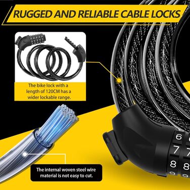 Замки для велосипеда з кодом 12 мм/120 см, антикрадійний трос, 5-значний код, вологостійкий, для велосипеда, електровелосипеда, дитячої коляски, драбини (чорний)