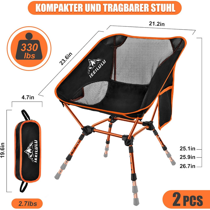 Складний туристичний стілець IEEILULU, 130 кг, портативний, ультралегкий для пікніка, риболовлі, відпочинку на природі та подорожей (Помаранчевий)