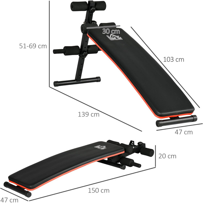 HOMCOM Складана та регульована лавка для пресу, багатофункціональна гімнастична лавка з м'якою спинкою, 47x139x51-69см, чорно-червона