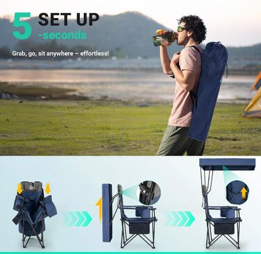 Крісло для кемпінгу OVERMONT складне з сонцезахисним дахом - пляжне крісло, складне з тримачем для напоїв та сумкою-холодильником - шезлонг з дахом для відпочинку на природі, риболовлі, саду (Blaugrau)
