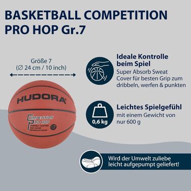 Баскетбольний м'яч HUDORA Basketball Competition Pro Hop, розмір 7, для дітей та дорослих, для залів та вулиці (Indoor/Outdoor)