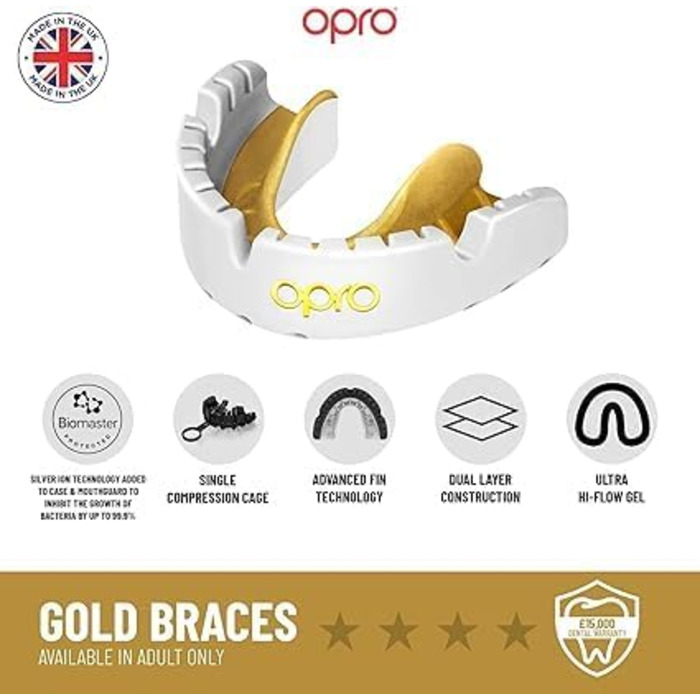 Захисна капа OPRO Gold для брекетів та спорту, для дорослих, з інноваційною технологією підгонки, для боксу, лакросу, ММА, єдиноборств, хокею та всіх контактних видів спорту, біло-золота