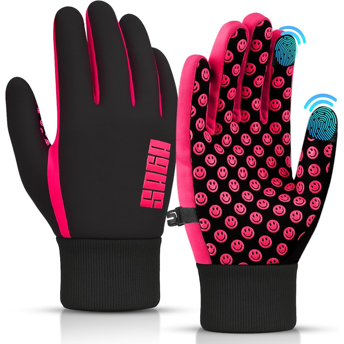 Водонепроникні дитячі рукавички для велосипеда, рукавички для дівчаток та хлопчиків, рукавички з сенсорним екраном для дітей 4-12 років, неслизькі та теплі, спортивні рукавички Softshell розмір Medium [6-8] рожеві