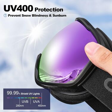 Одаленд Скі-маска фотохромні для сонячних та похмурих днів, антитуманні сноуборд маски, скі-окуляри з UV-захистом для чоловіків та жінок, самозатемнювані скі-маски