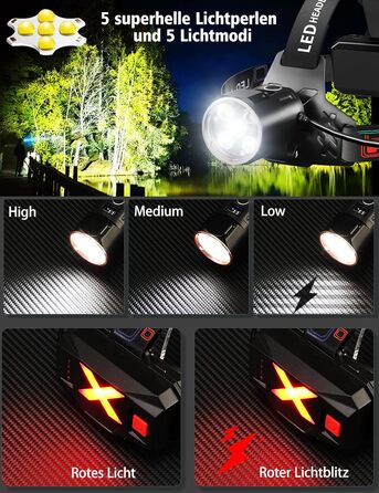 Ліхтар на лоб ASORT LED 120000 Lumen, перезаряжається, 4 режими, водонепроникний IP67, для кемпінгу, риболовлі та активного відпочинку