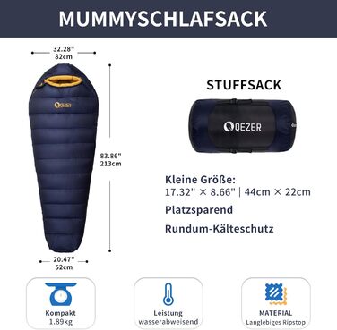 Спальник зимовий Daunenschlafsack з графеновим покриттям, -24°C, 1500г пуху, темно-синій - для кемпінгу, туризму та трекінгу