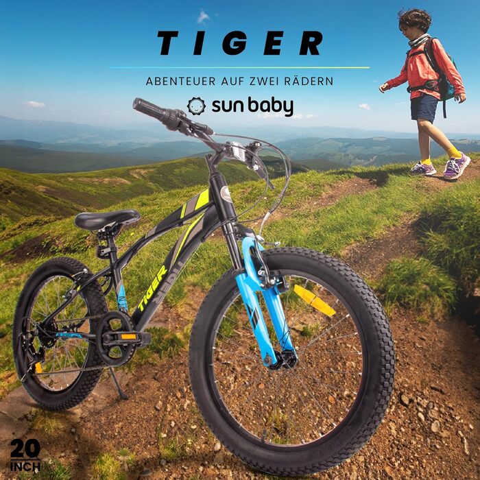 Дитячий велосипед Sun Baby Tiger Bike 20 дюймів, 6-швидкісна Shimano, для хлопчиків 6-10 років, регульований
