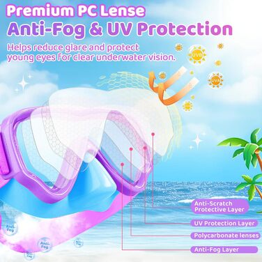 Дитячі маски для снорклінгу Vvinca: маска та трубка для плавання, 180° панорама, антизабруднення, для дітей 3-14 років (блакитний+фіолетовий)