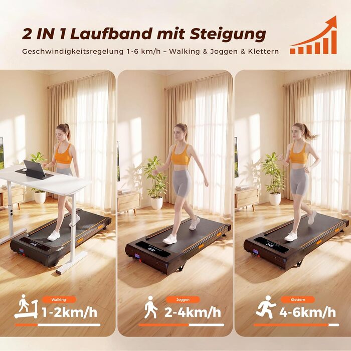 Walking Pad з регулюванням нахилу 12%, амортизація, біговий стіл з розумним додатком, двигун 2.5PS, для дому та офісу, пульт дистанційного керування та LED дисплей, 180 кг, автоматичний нахил та додаток