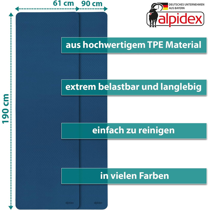 Килимок для йоги Alpidex rutschfest, 190 x 90 x 0.6 см, TPE, без фталатів, для фітнесу, гімнастики, пілатесу, йоги, тренувань, темно-синій / айс-блакитний