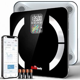 Розумна ваги для тіла з визначенням жиру, 22 показники складу тіла, міцна скляна платформа, 4 електроди, великий кольоровий дисплей, підключення до смартфону