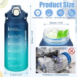 Спортивна пляшка для води MOMSIV 2L з трубочкою та відсіком для фруктів, з позначками часу, чорна (блакитно-зелена), BPA-Free