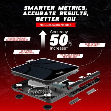 Інтелектуальна вага Bisonbody Smart Digital Body Scale – вимірювання 29 показників здоров'я, для фітнес-ентузіастів, міцна скляна платформа, 8 датчиків, підключення до смартфону
